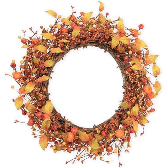 Orange Fall Berry Wreath Autumn Wreaths with Eucalyptus Leaves, 20 Inch - Picture 1 of 5